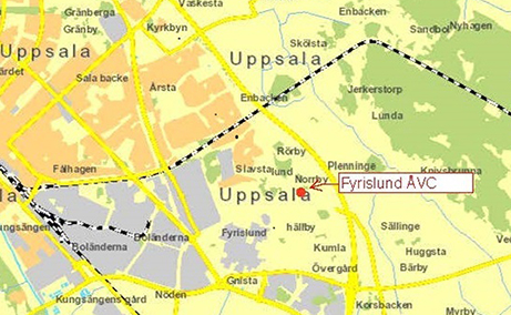 Karta med ÅVC Fyrislund utpekat på Arkgatan
