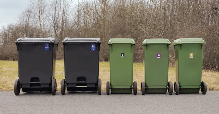 två fyrfackskärl och ett extra kärl för plastförpackningar ett extra kärl för pappersförpackningar ett extra kärl för restavfall
