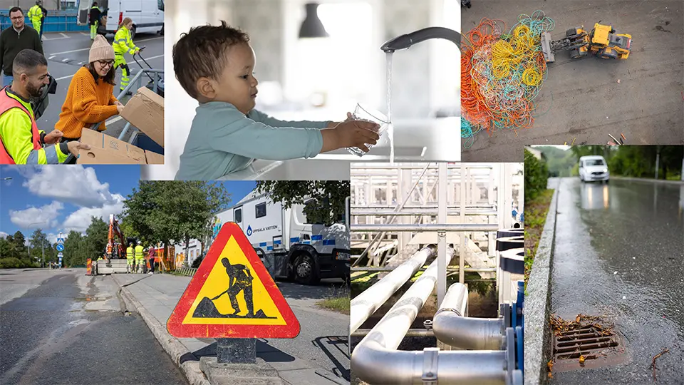 Bildkollage över Uppsala Vattens verksamheter på återvinningscentraler, dricksvatten i hemmet, regnvatten, arbeten med ledningsnät med mera
